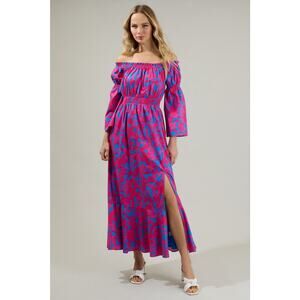 Sugarlips Tropical Print Off the Shoulder Midi Summer Dress with Leg Slit